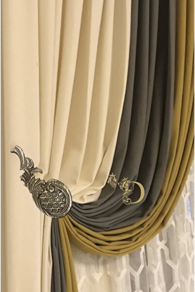 Doğukan perde aksesuarları Hasır Taşlı Kılbağı Antik Sarı Perde Aksesuar (1 A...