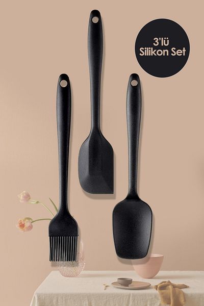 Anadolu Saray Çarşısı Practical Luxury 3-Piece Silicone Set - Black Spatula, Brush and Spoon