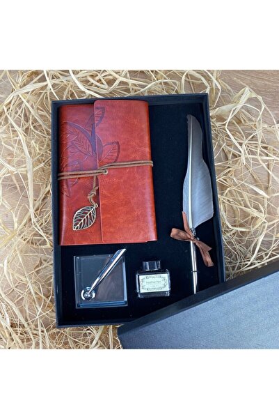 HEPBİMODA Hatıra Defteri Masa Üstü Tüylü Divit Kalem Mürekkep Seti Kahverengi