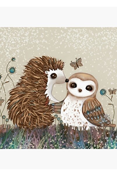 Universal Διακοσμητική Ξύλινη Αφίσα Ζωγραφικής με Κουκουβάγια και Σκαντζόχοιρο