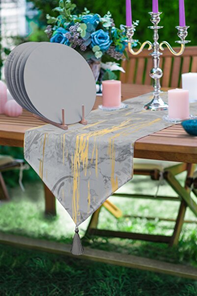 Realhomes Gri Mermer Tasarımlı Üçgen Püsküllü Runner 1 Adet vr 6 Adet Gri Ren...