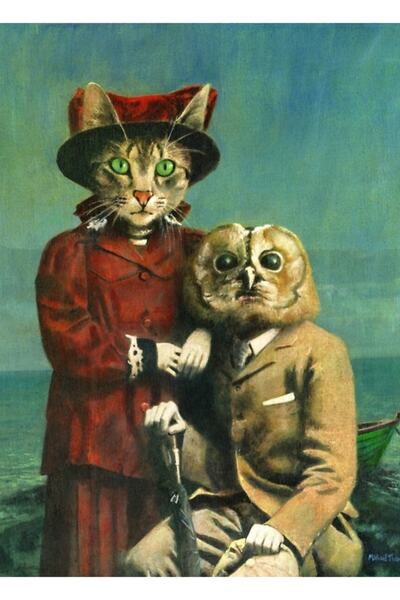 Universal Poster decorativ din lemn cu bufniță și pisică