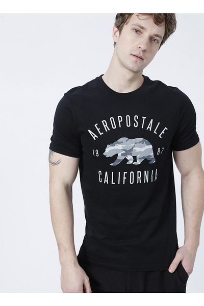 Aeropostale طاقم الرقبة القياسية مطبوعة تي شيرت أسود للرجال - E-7179