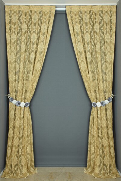 AKÇA TEKSTİL Damaks Model Gold Color Single Wing Ready-made Planted Pleated Background Curtain 75*260 Cm