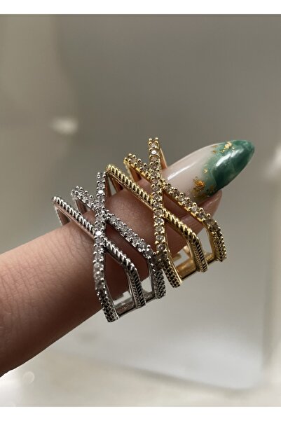 KİLİGİSTANBUL Gold Renk Parlak Çapraz Taşlı Yüzük