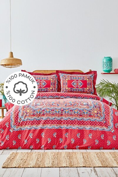 Karaca Home Double 100% Cotton Duvet Cover Set, Axis Board, Red Duvet Cover, Turquoise Sheet, Healthy