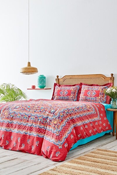 Karaca Home Double 100% Cotton Duvet Cover Set, Axis Board, Red Duvet Cover, Turquoise Sheet, Healthy