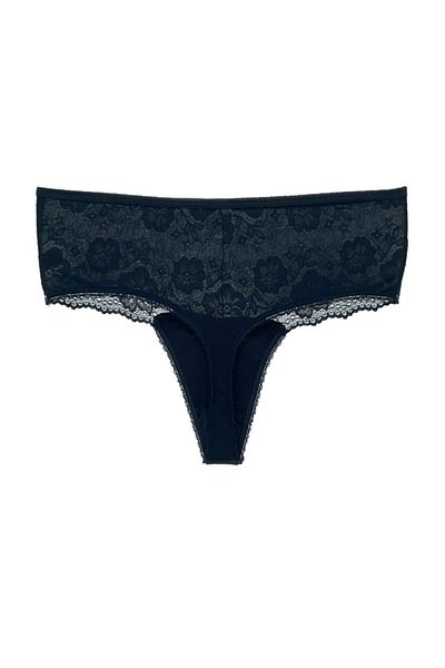 HNX Navy Blue Cotton Lace Front Large Size High Waist Thong Women's Panties