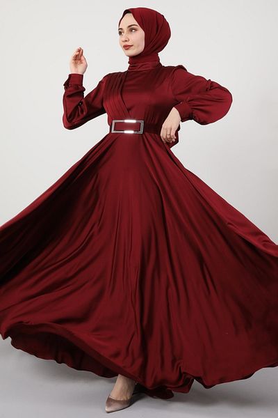 Giza Giyim Βραδινό φόρεμα Hijab μπροστά με πλισέ Claret Red