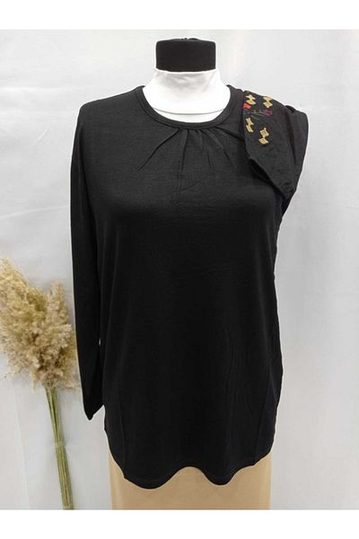 Sel Tekstil Battal Combed Cotton Elastic Sleeve Lace Detailed Mother Blouse