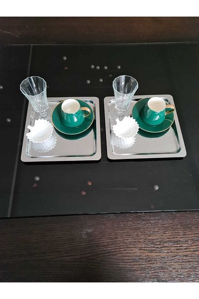 Aslı Hediyelik Set of 2 Luxury Square Stainless Steel Silver Coffee, Tea, Decorative Presentation Serving Tray 21x21 Cm