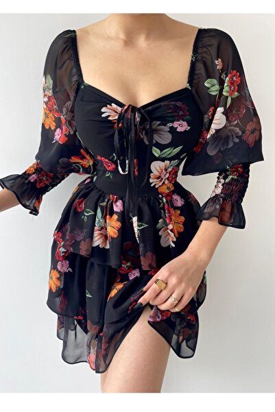 bayansepeti Podšitá sukně Detailní elastické dlouhé rukávy květinové vzorované podšité černé šaty 104