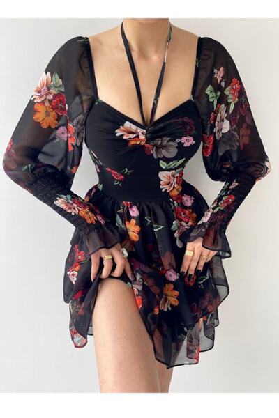 lovebox Květinová lemovaná šifonová sukně s detailem podlahy rukávy Třpytivé černé večerní šaty promoce 104