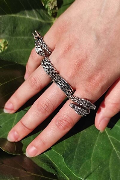 The Collection Unisex 4'lü Gümüş Kaplama Ayarlanabilir Yüzük Set