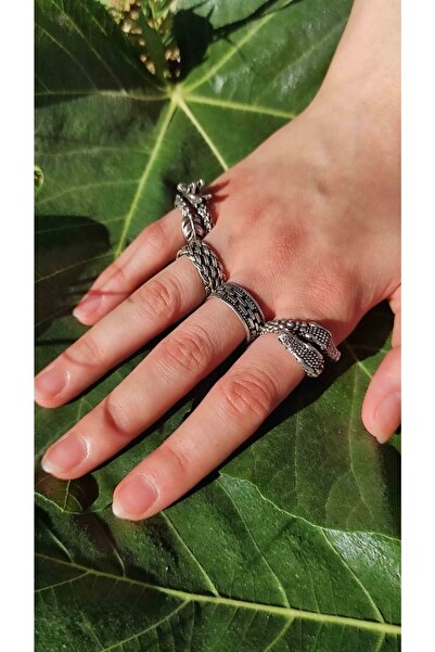 The Collection Unisex 4'lü Gümüş Kaplama Ayarlanabilir Yüzük Set