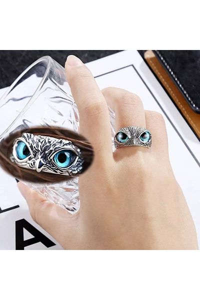 Köstebek Retro Vintage Blue Eyed Adjustable Owl Ring
