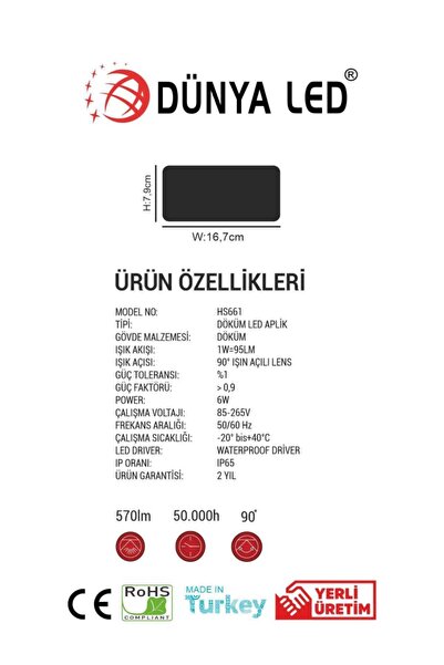 DÜNYA LED Hs.661/3 6w Dış Mekan Ledli Duvar Apliği Suya Dayanıklı Döküm Kasa Ip65