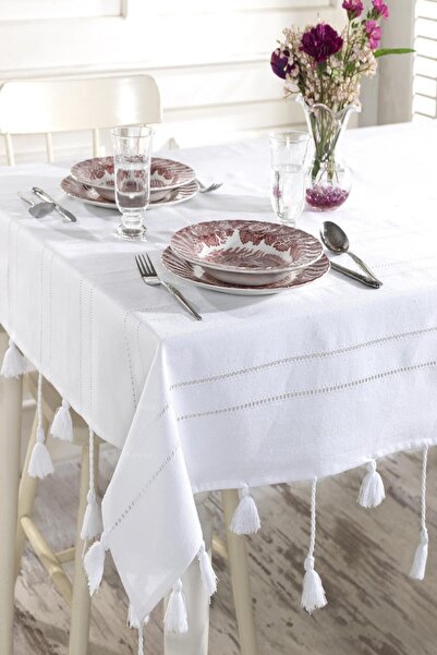 ÖDEL HOME White Openwork Embroidered and Pompom Tablecloth