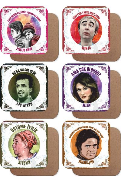Hayat Poster Yeşilçam Turkish Cinema Lines -1. Set of 6 Retro Wooden Coasters Set