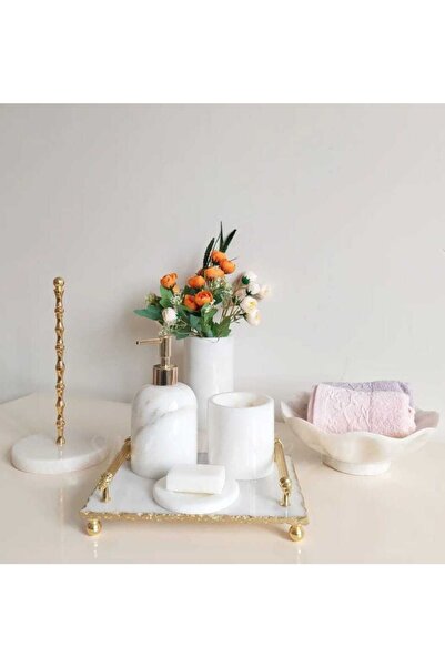 Sümeyra Marble Art Royal Cream - Doğal Beyaz Mermer Banyo Seti 7li