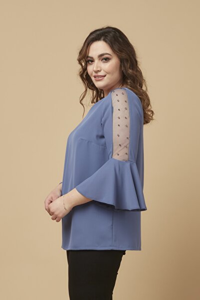 Moda Alba Indigo Sleeve Pearl Flounce Plus Size Stylish Blouse