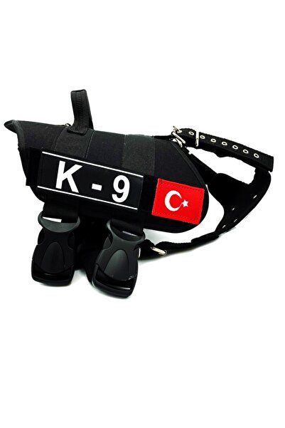 Tasma Market Siyah K9 Kurt Başlı Türk Bayraklı Köpek Göğüs Tasması Köpek Bellik