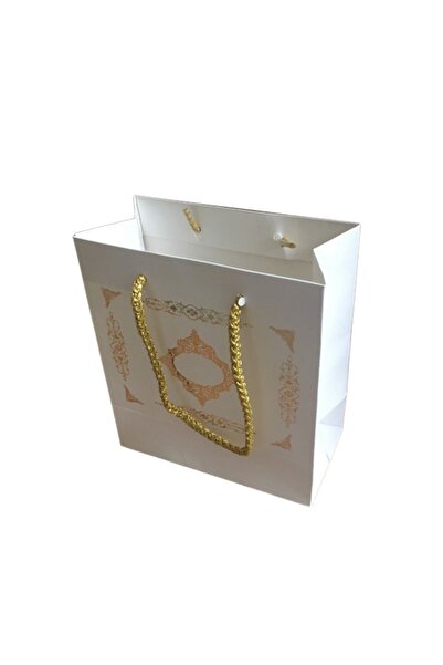 TT Tahtakale Toptancıları Karton Hediye Çantası Gold Saray Desenli 20x20x10 cm 10 Adet Beyaz