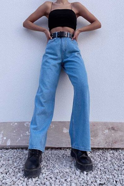 Trn JNS Blue Power Lycra Super High Waist Loose Jeans Palazzo Παντελόνι Φαρδύ πόδι.