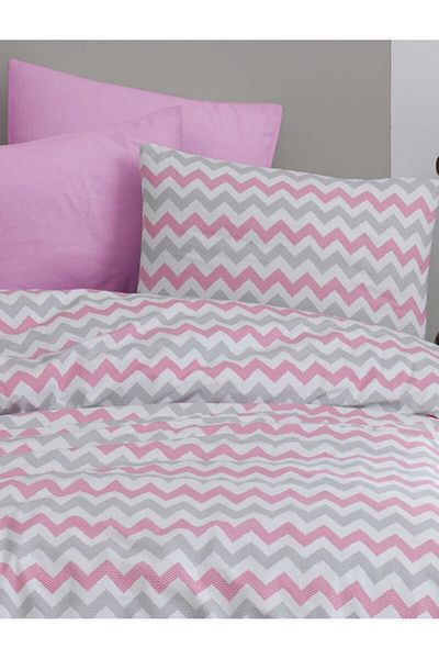 MERTİM Single Elastic Duvet Cover Set 160x220 - Pink Zigzag Pattern