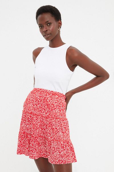 Trendyol Collection Piros mintás Flounce kötött szoknya