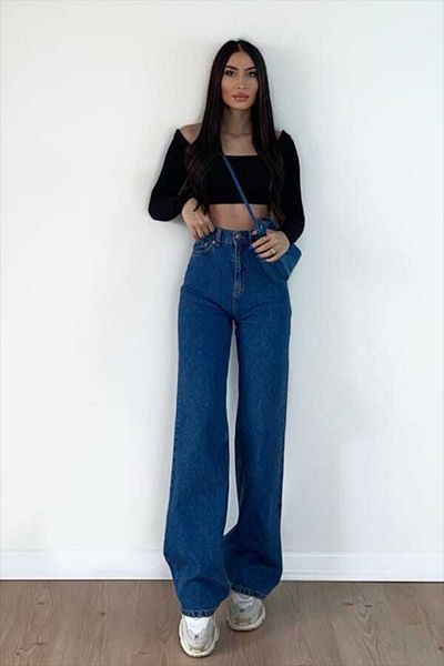 Trn JNS Siane 90's Mid Blue Power Lycra Super ψηλόμεσο φαρδύ τζιν παντελόνι Palazzo φαρδύ πόδι.