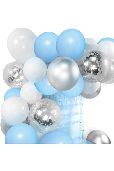 Parti dolabı 15li Gümüş Konfetili 5 Şeffaf Balon 5 Makaron Mavi 5 Metalik Gri Balon Seti