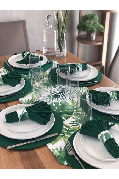 desen izmir American Serve, Green Leaf 6 Plates, 6 Napkins, 6 Napkin Rings and Runner Tk4
