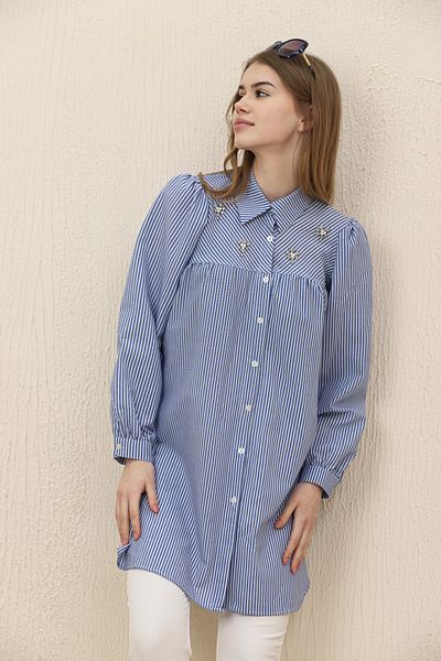 İKLİM LİFE Striped Seersucker Tunic with Stones on the Chest
