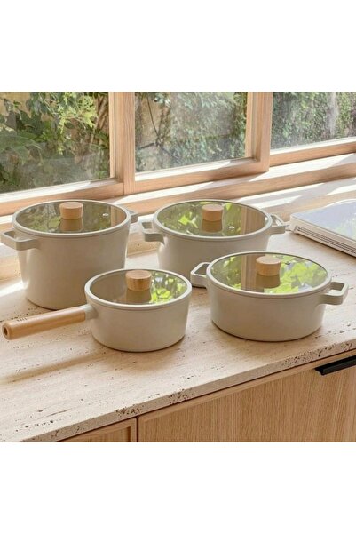 NEOFLAM Fika Alüminyum Döküm 8 Parça Bej Cam Kapaklı Tencere Seti