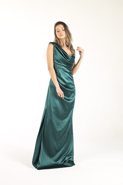 ALİS DRESS Zümrüt Yeşil Tek Omuz Saten Abiye Kadın