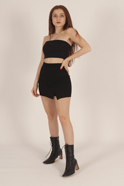 alenmoda Fustă neagră cu o singură tăietură pentru damă