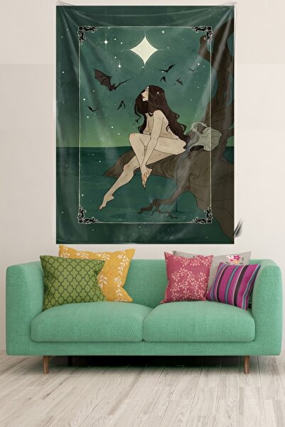 Fortuna Girl Sitting at Night Stain Resistant Velvet Textured Fabric Wall Cloth Wall Carpet Tapestry