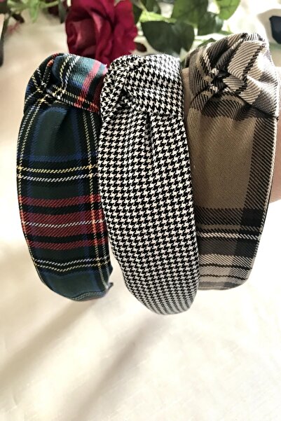 alsaccessories Coroană cu model în carouri, bentiță bej, picior de gâscă, verde