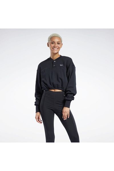 Reebok H49273 Cl بلوزة نسائية واسعة من القطن باللون الأسود