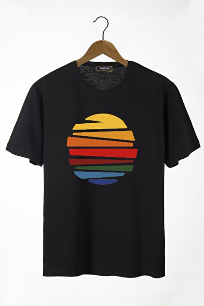 VEAVEN Unisex Siyah Güneş Baskılı Bisiklet Yaka Oversize Basic Pamuklu T-shirt