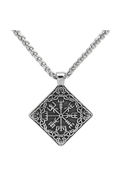 Viking Vegvisir Embroidered Square 316l Steel Double Sided Men's Necklace wit...