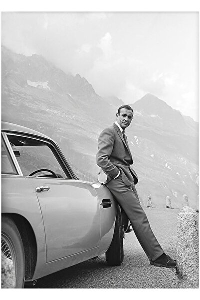 Universal Σεν Κόνερι και σπορ αυτοκίνητο, ασπρόμαυρη vintage ξύλινη αφίσα δια...