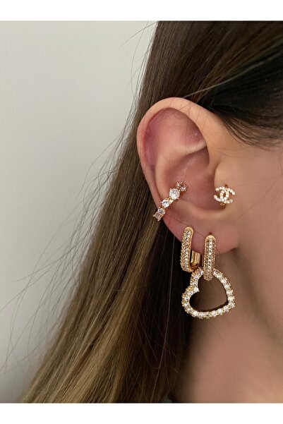 Okkostore Kadın Gold Rengi Sallantılı Kalpli 2'li Küpe