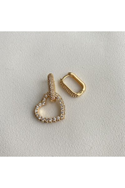Okkostore Kadın Gold Rengi Sallantılı Kalpli 2'li Küpe