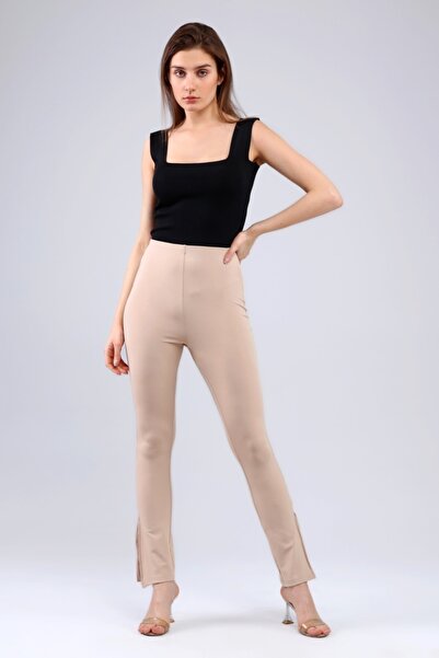 Grenj Fashion Bej Dalgıç Yanlarda Yırtmaç Detaylı Yüksek Bel Toparlayıcı Tayt