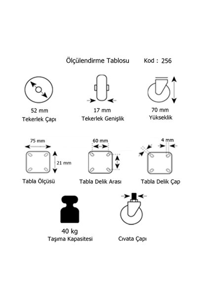EYM Hts U Tablalı Frenli Döner Mobilya Tekeri Çap : 52 Mm Kod : 256