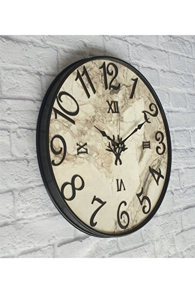 Markakanvas Siyah Renk Metal Kasalı Mermer Desenli Siyah Renkli Duvar Saati Ç...