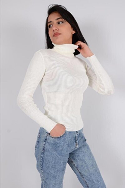 Nacar Kadın Boğazlı Standart Beden Fitilli Düz Renk Triko Likralı Kazak