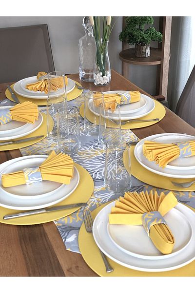 desen izmir American Service, Yellow Coral 6 Plates, 6 Napkins, 6 Napkin Rings and Runner Tk4